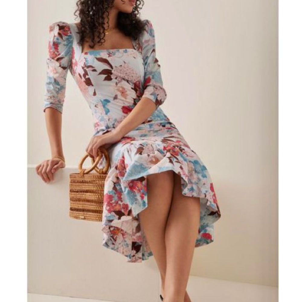 NWT Cara Cara Busy Puff-Sleeve Midi-Dress Japanese Floral blue - Picture 11 of 11
